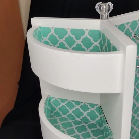 Pottery Barn Teen Rotating Spinning 3-sided White Teal Jewelry Organizer Box